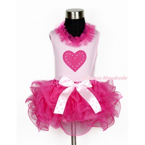 Valentine's Day Light Pink Baby Pettitop with Hot Pink Chiffon Lacing with Hot Pink Heart Print with Light Hot Pink Dots Bow Hot Pink Petal Newborn Pettiskirt BG110 